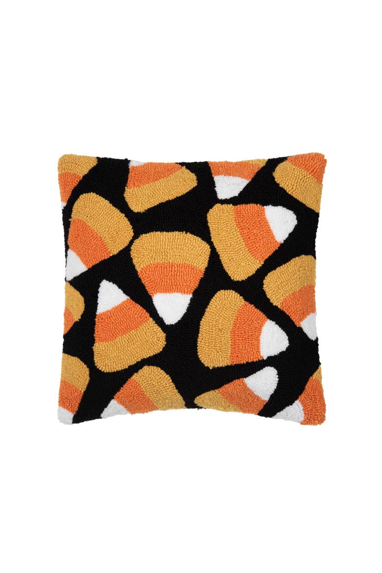 Candy Corn Halloween Hooked Accent Throw Pillow 18" x 18", Main, color, Black