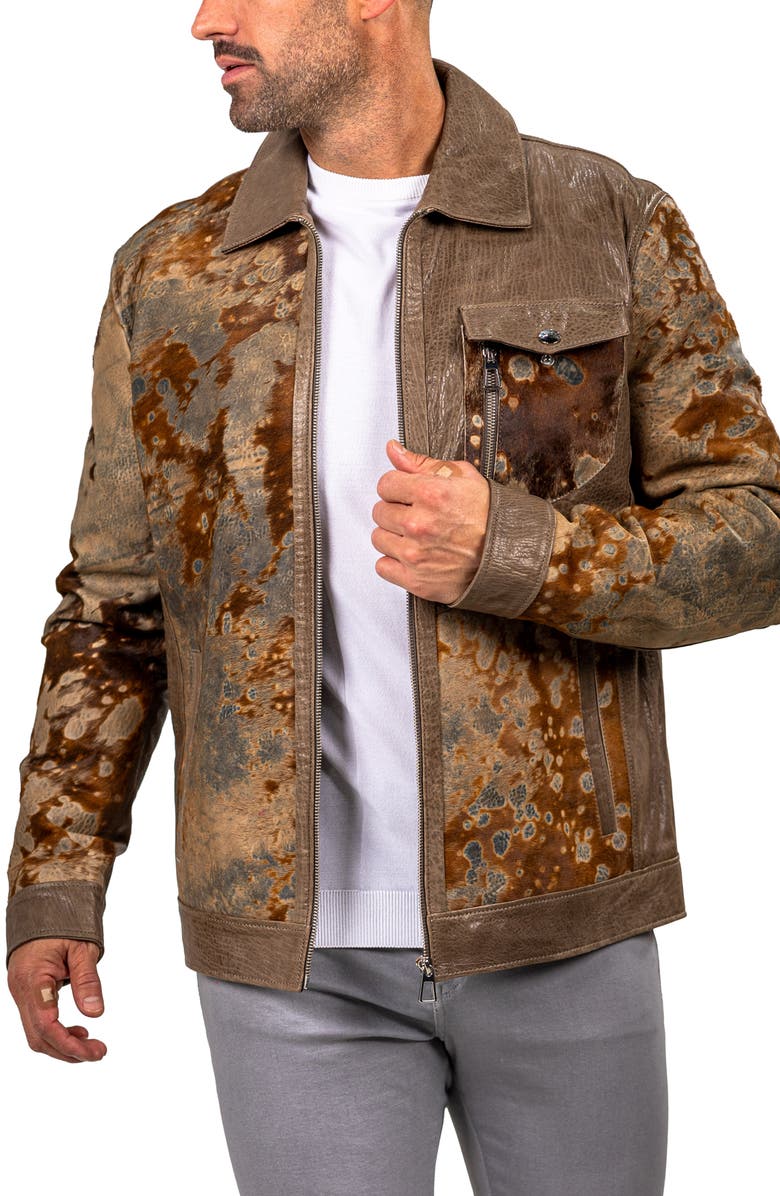 Maceoo Leather & Genuine Calf Hair Jacket, Alternate, color, Brown