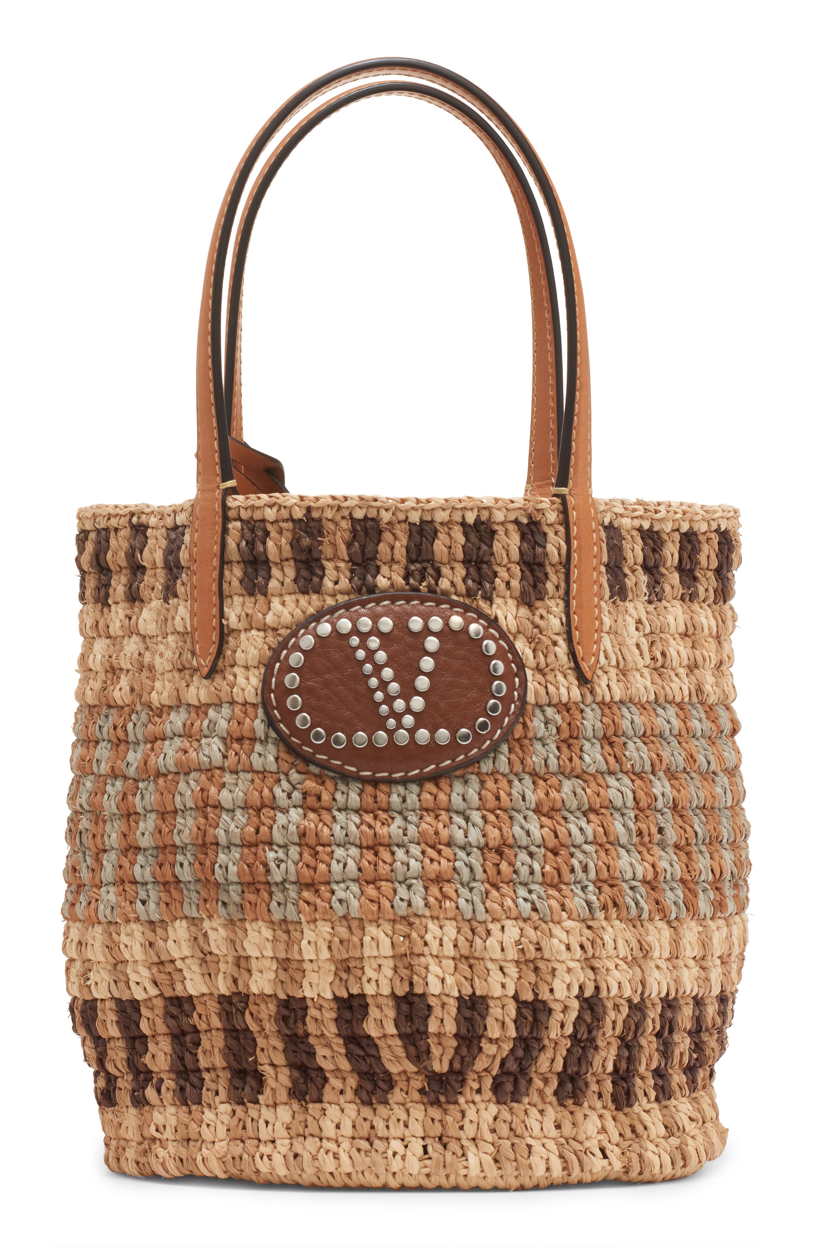 Valentino Garavani Small VLOGO Signature Crocheted Raffia Bucket Bag, Main, color, Beige/ Camel/ Selleria