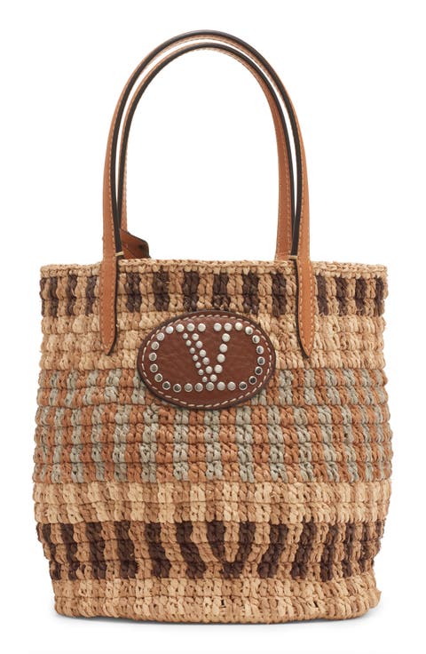 Small VLOGO Signature Crocheted Raffia Bucket Bag