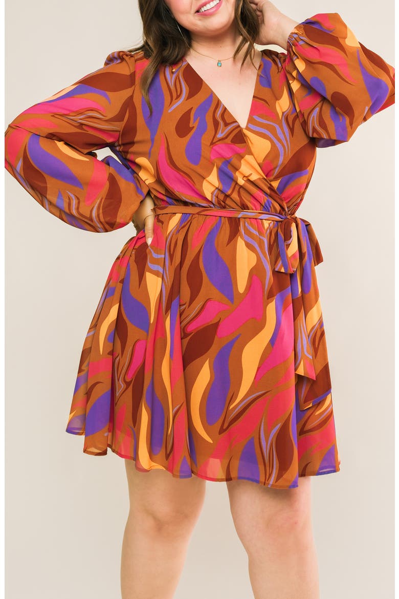 Long Sleeve Print Minidress, Alternate, color, BROWN