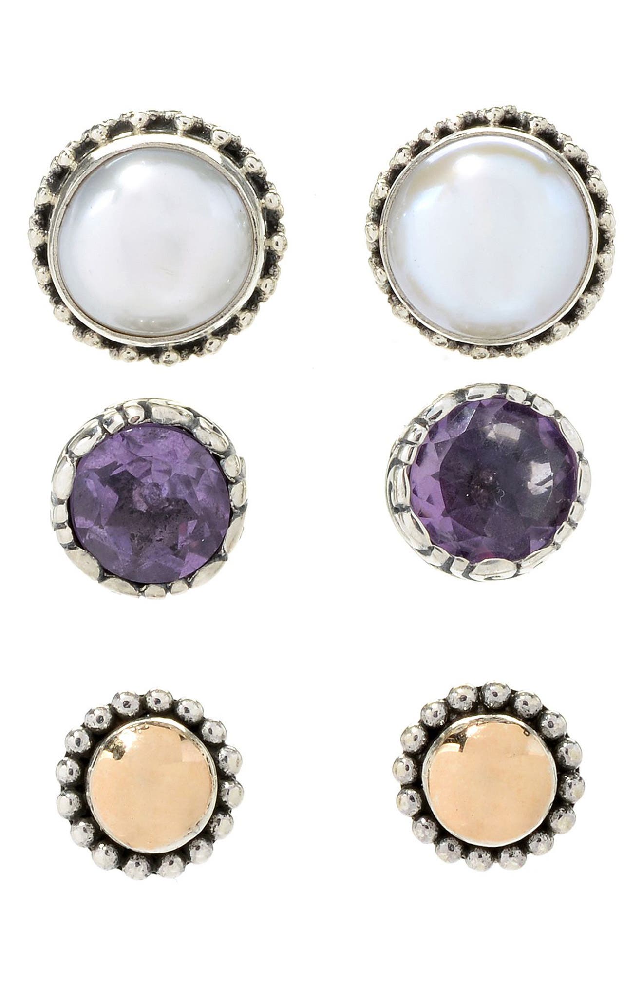 SAMUEL B. Set of 3 Amethyst, 7mm Freshwater Pearl Stud Earrings