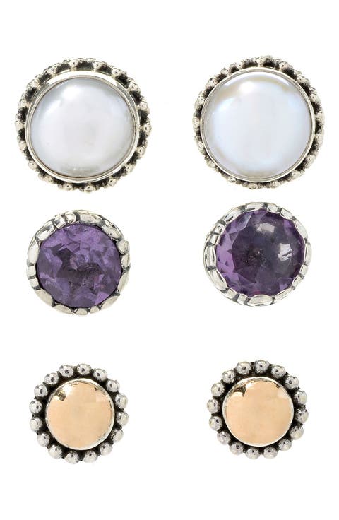 Set of 3 Amethyst, 7mm Freshwater Pearl Stud Earrings