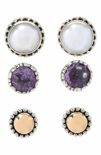 SAMUEL B. Set of 3 Amethyst, 7mm Freshwater Pearl Stud Earrings