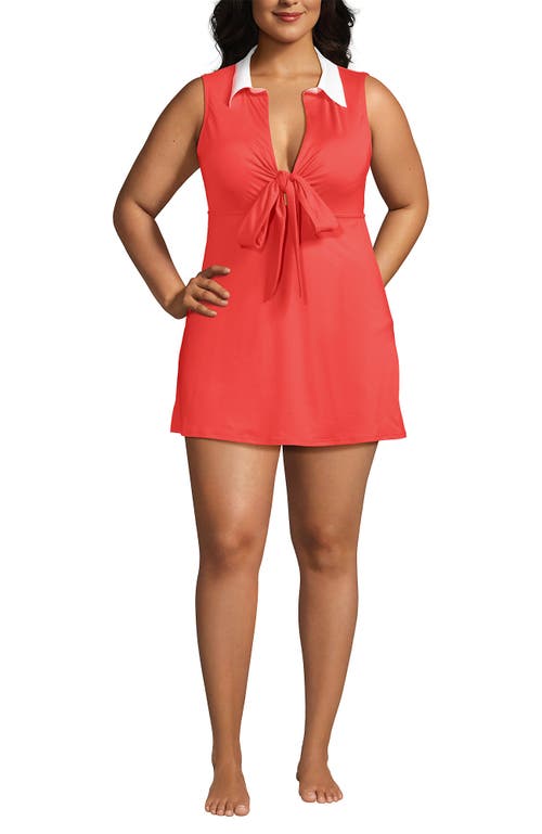 Lands' End Polo Collar Tie Front Swim Dress Swimsuit In Coral Bliss/white