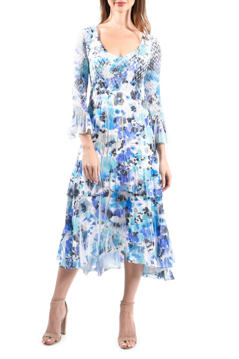 Floral Tiered Charmeuse & Chiffon Midi Dress, Main, color, AQUA ANGEL