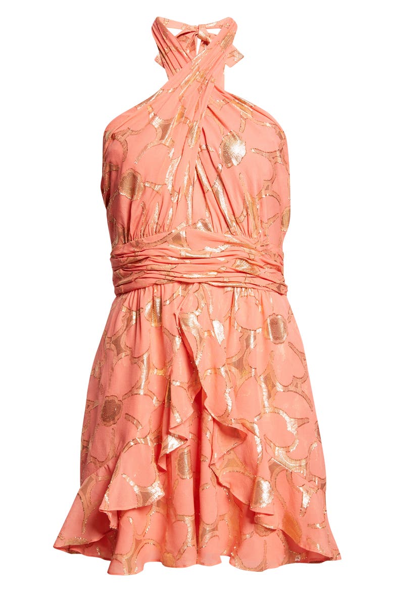 Reuben Metallic Daisy Print Mini Halter Dress, Alternate, color, CORAL JACQUARD