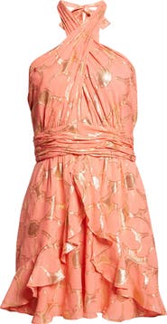 Ramy Brook Reuben Metallic Daisy Print Mini Halter Dress