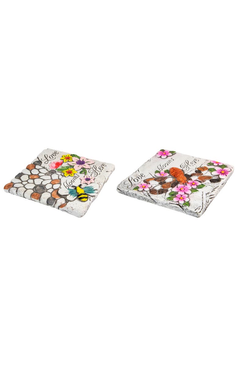 Northlight Set of 2 'Love Blooms Here' Floral Outdoor Garden Stones 7", Alternate, color, Multi