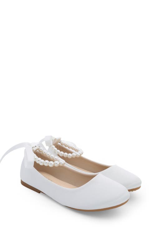 Harper Satin Girl Flats with All Pearls Strap