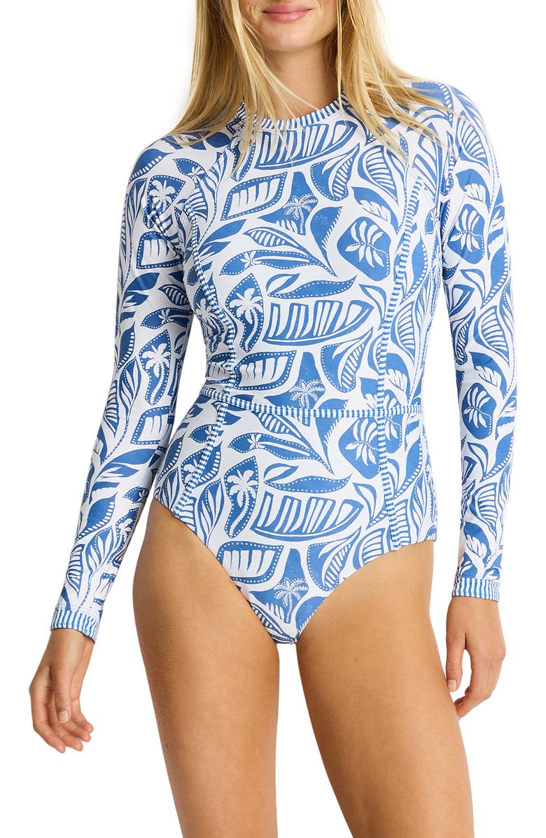 Sea Level Seamed Long Sleeve UPF 50+ One-Piece Rashguard Swimsuit, Main, color, Denim Blue