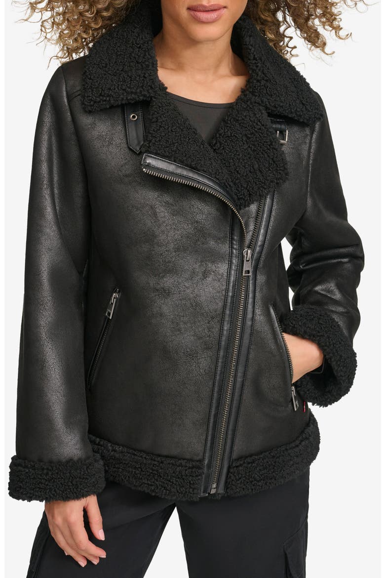 Faux Shearling Lined Faux Leather Moto Jacket, Main, color, BLACK