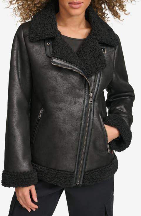 Faux Shearling Lined Faux Leather Moto Jacket