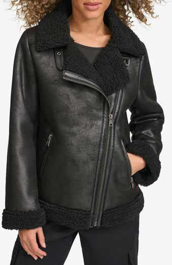 Faux Shearling Lined Faux Leather Moto Jacket