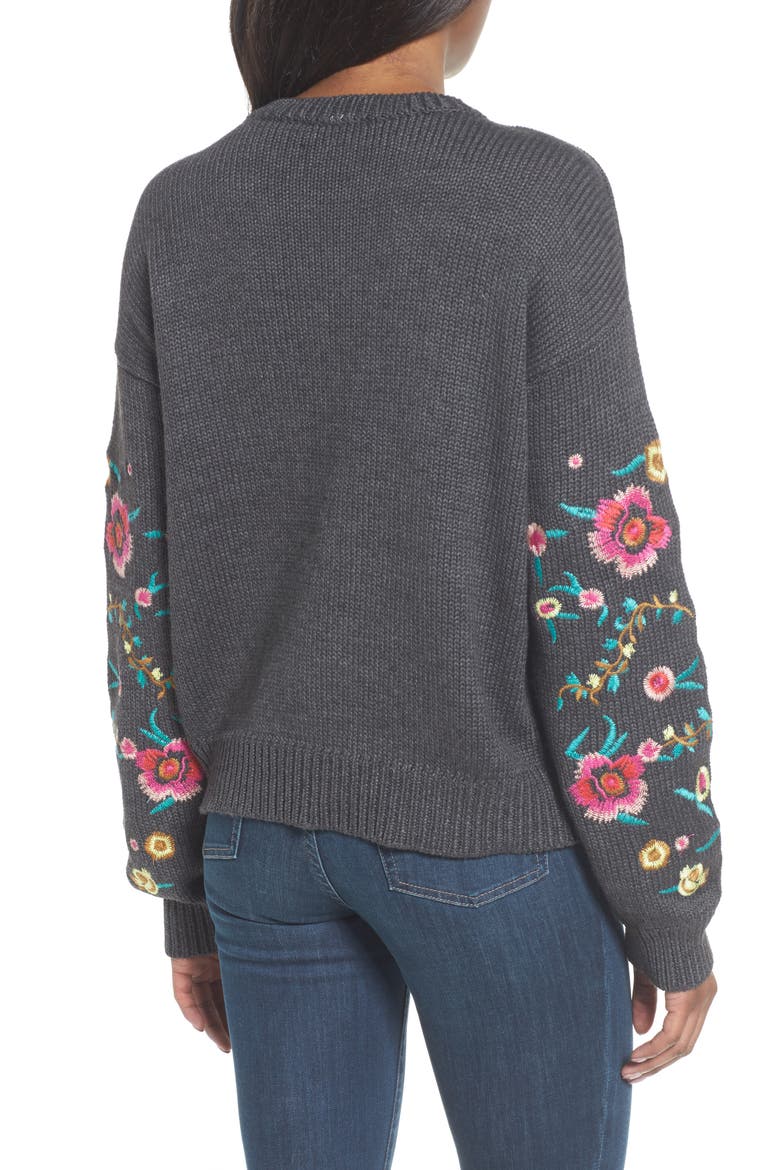 Floral Sleeve Sweater, Alternate, color, GREY