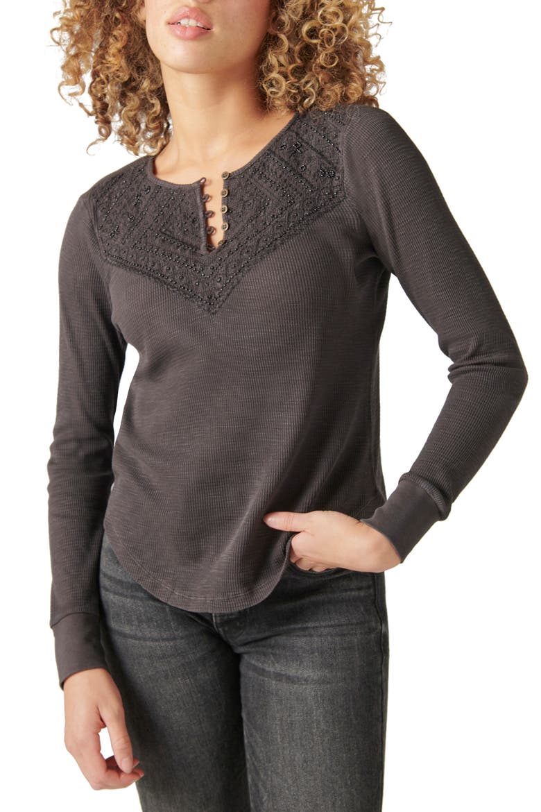 Long Sleeve Waffle Lace Top, Main, color, JET BLACK