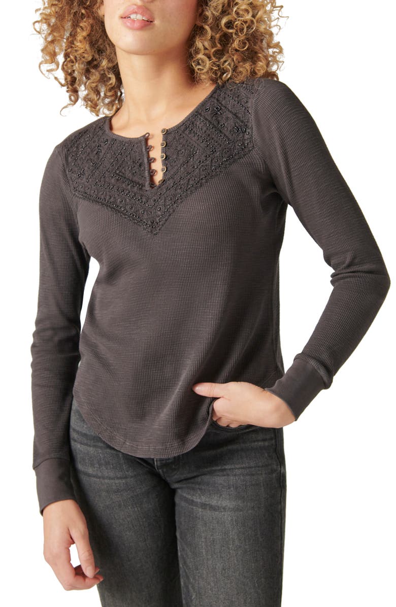 Lucky Brand Long Sleeve Waffle Lace Top, Main, color, 