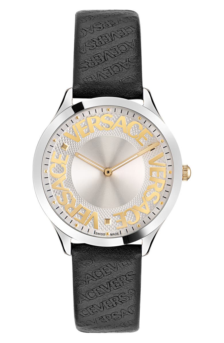 Versace Logo Halo Leather Strap Watch, 38mm, Main, color, 