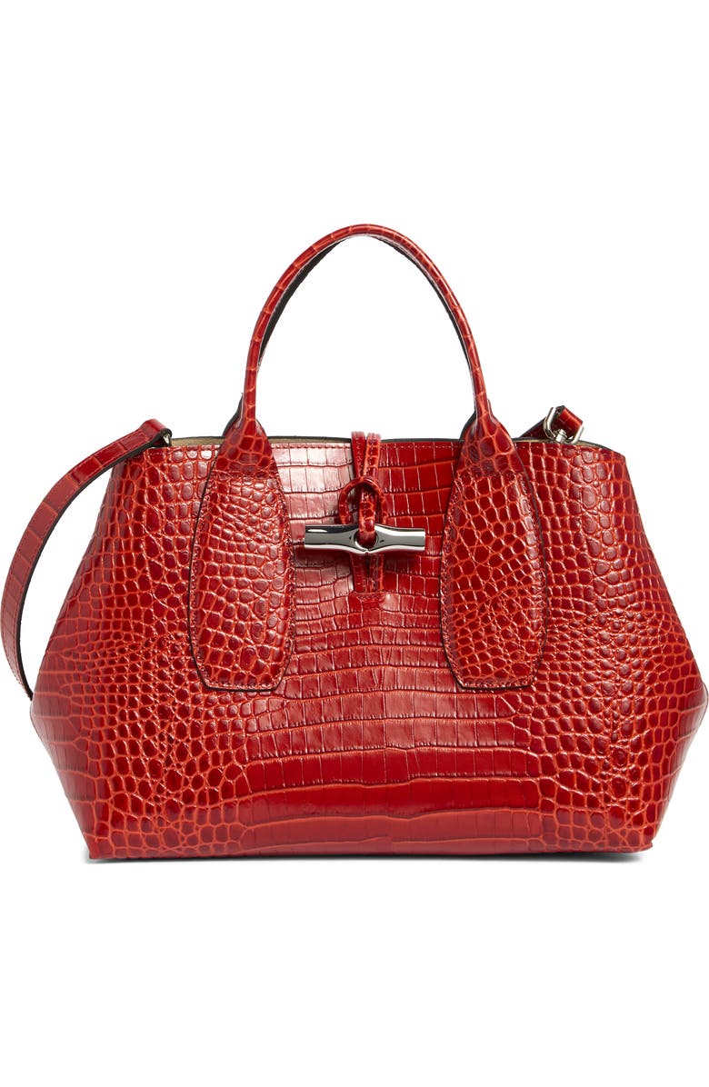 Longchamp Medium Roseau Croc Embossed Tote, Main, color, Marmalade