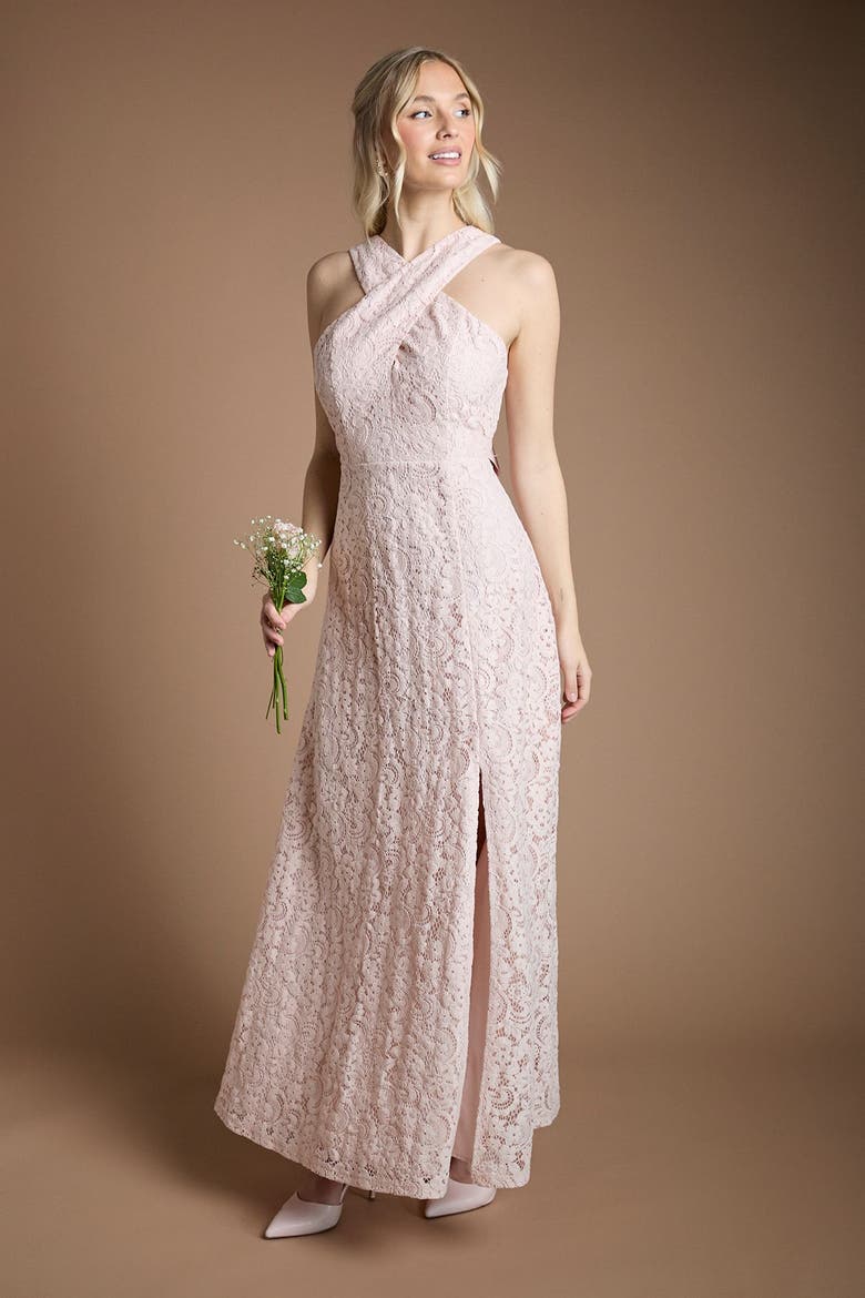 Cross Halter Neck Bridesmaid Maxi Dress, Alternate, color, Blush
