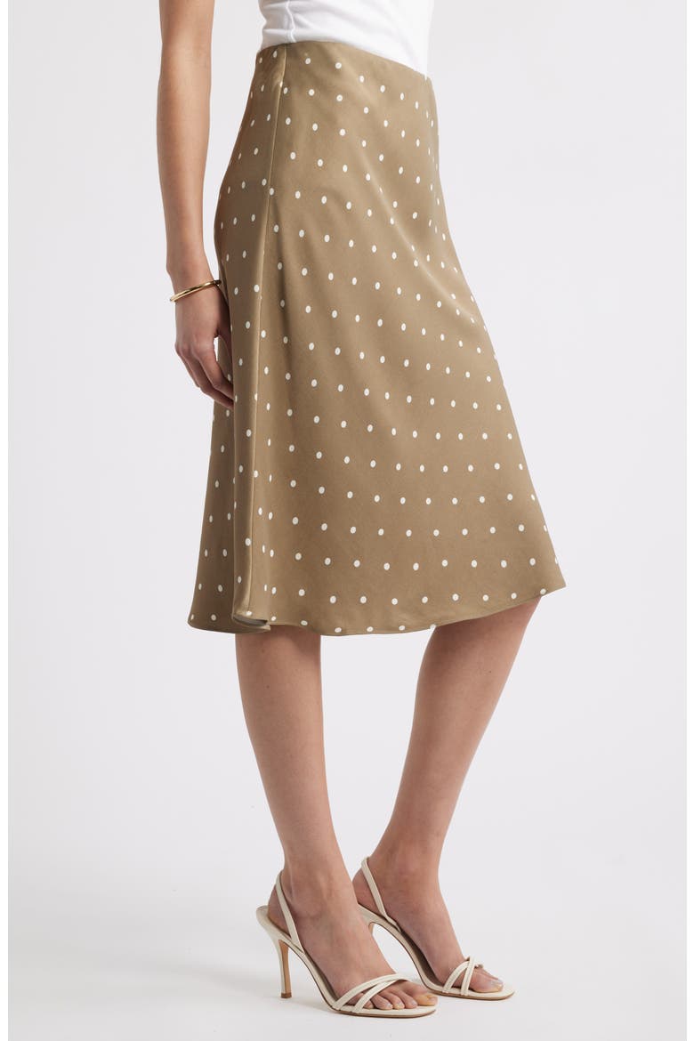 Bias Cut Satin Midi Skirt, Alternate, color, OLIVE- IVORY TOFU ARMEN DOT