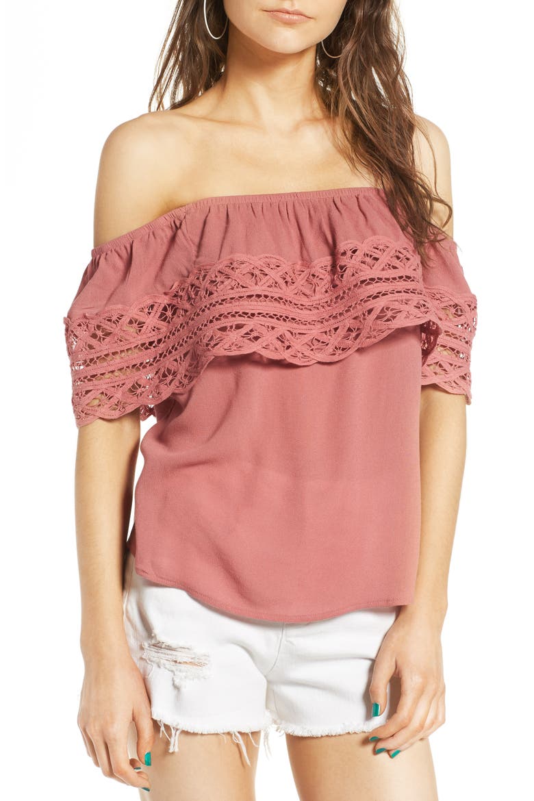 Crochet Off the Shoulder Top, Main, color, BLUSH