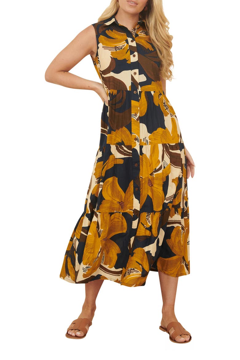 Cotton Leaf Midi Sleeveless Shirt Dress, Alternate, color, Navy