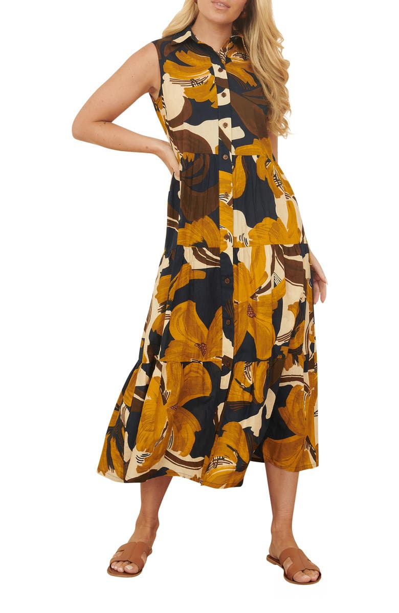 Yumi Cotton Leaf Midi Sleeveless Shirt Dress, Alternate, color, Navy