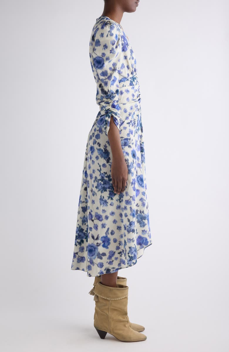 Isabel Marant Albini Print Ruched Sleeve Stretch Silk Dress, Alternate, color, Blue