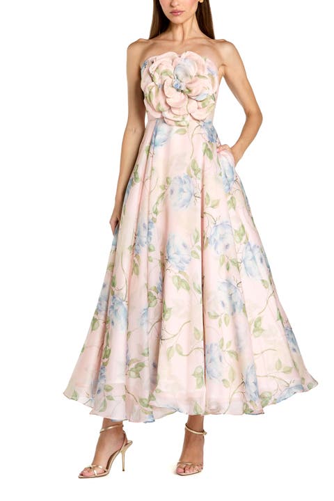 Strapless Floral Organza Midi Dress With Flower