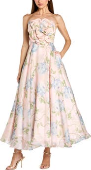 Mac Duggal Strapless Floral Organza Midi Dress With Flower