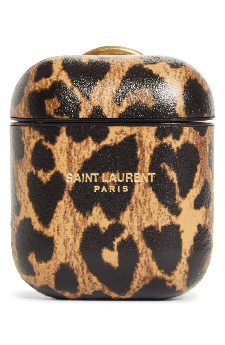 Saint Laurent Leopard Heart Print Leather AirPods Case, Main, color, 