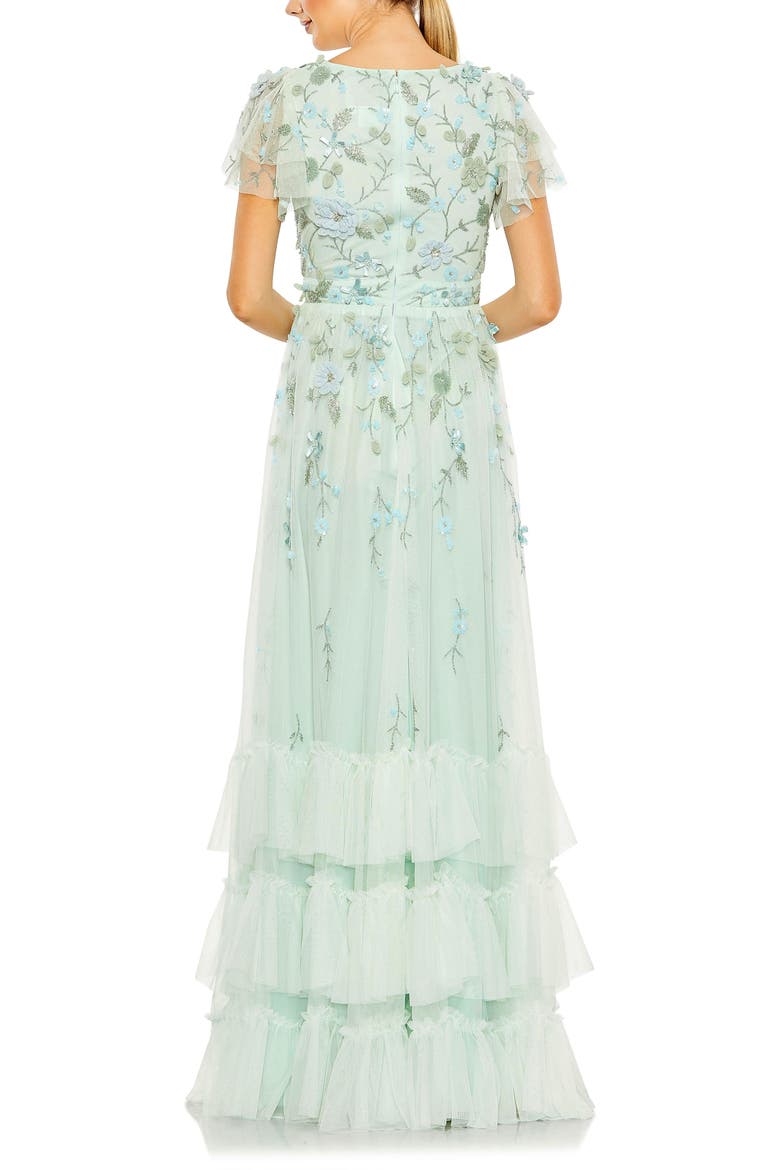 Ruffle Tiered Embellished Faux Wrap Flutter Sleeve Gown, Alternate, color, Seafoam