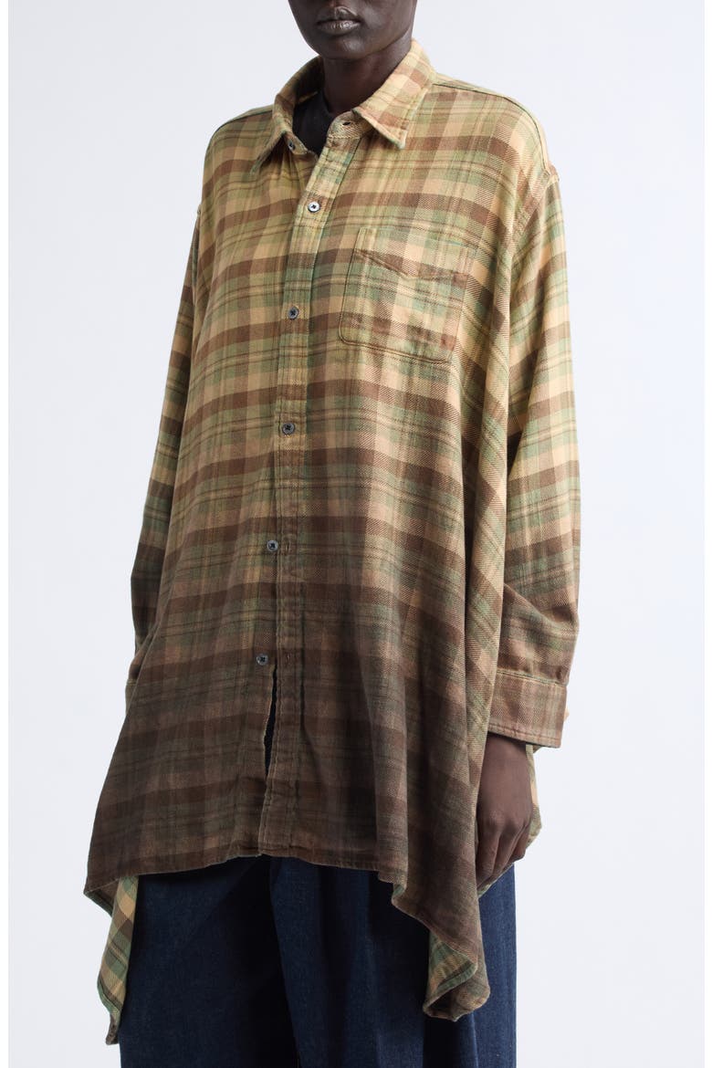 Draped Front Ombre Plaid Shirt, Alternate, color, KHAKI TO BROWN OMBRE PLAID
