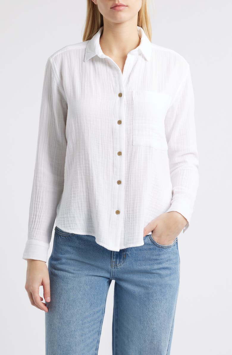 beachlunchlounge Cameletta Cotton Gauze Button-Up Shirt, Main, color, 