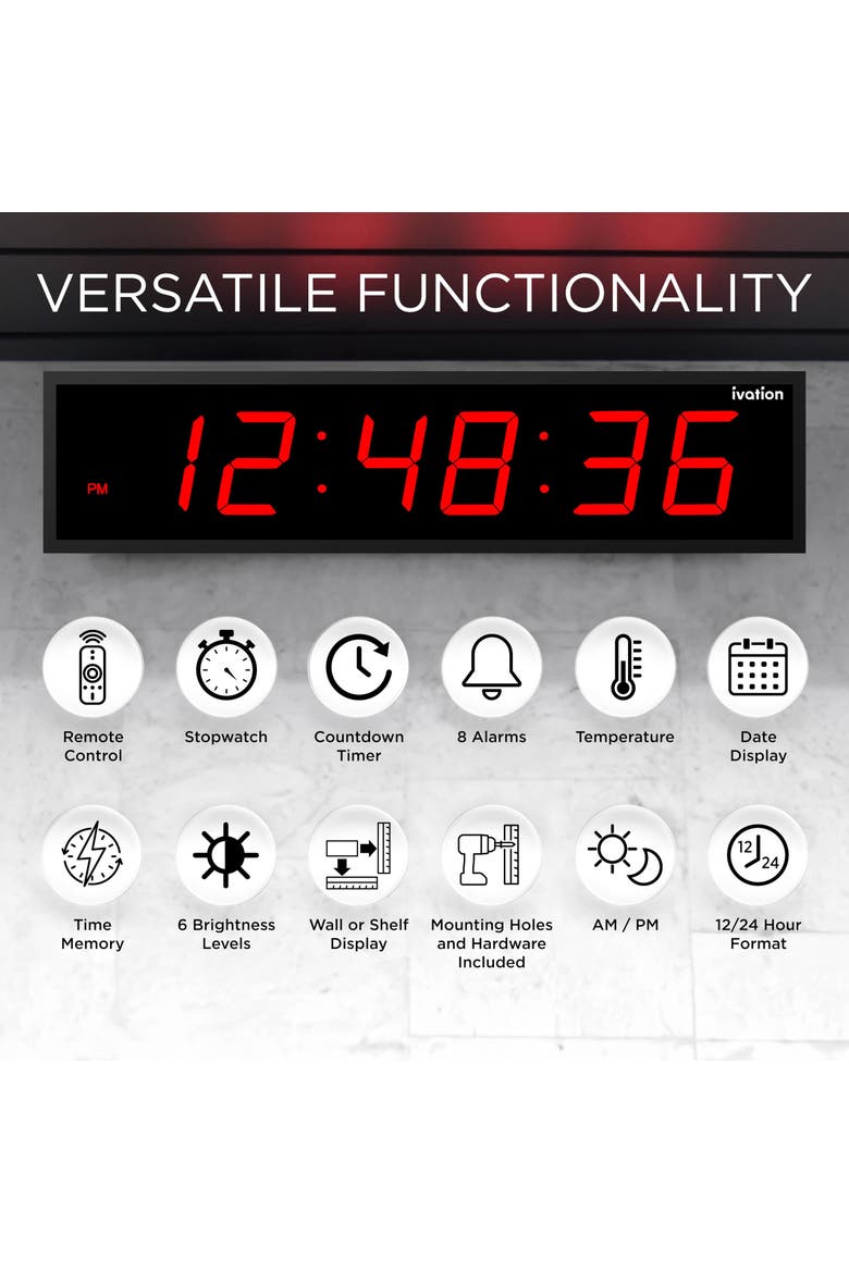 Large Digital Clock, 60 Led Wall Clock with Stopwatch, Alarms, Timer, Temp & Remote, Alternate, color, Red