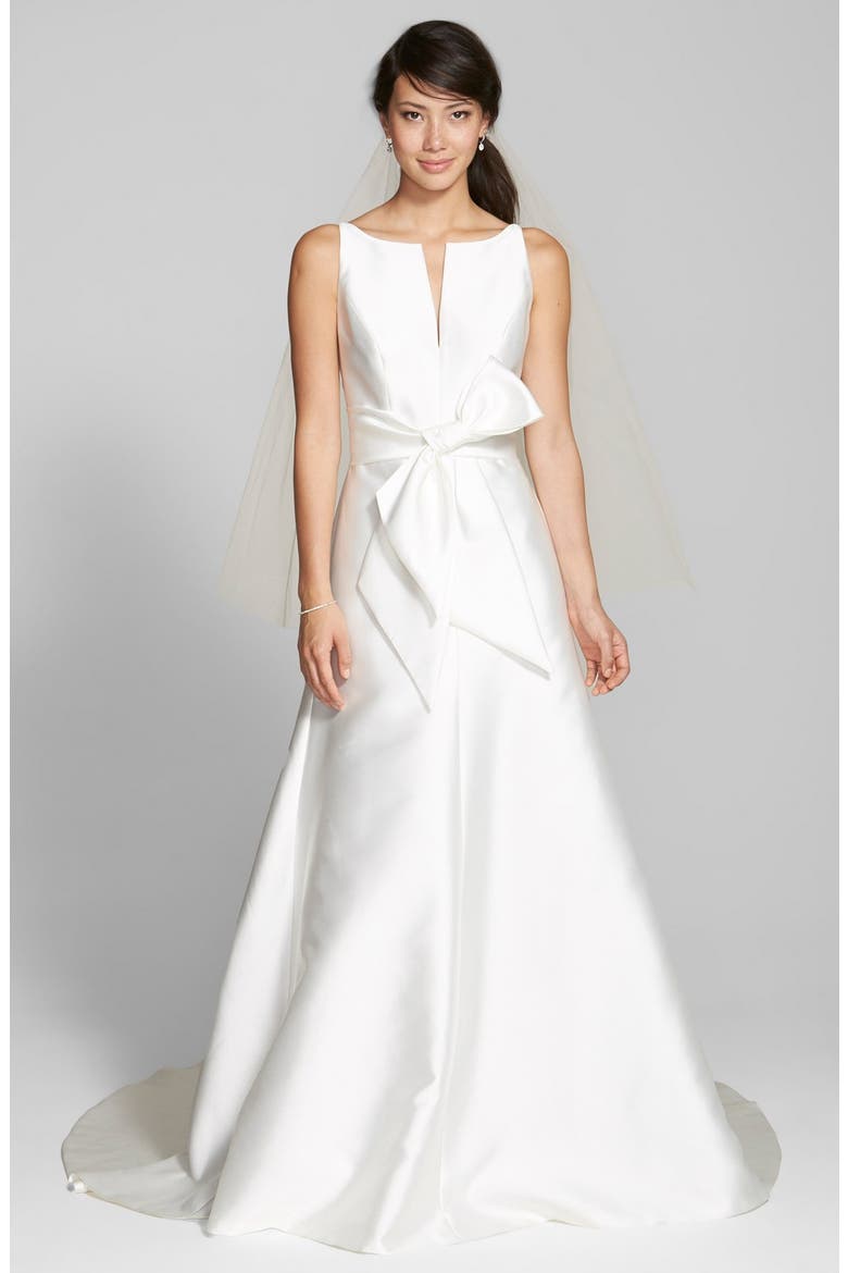 Bow Detail Mikado Dress, Alternate, color, IVORY