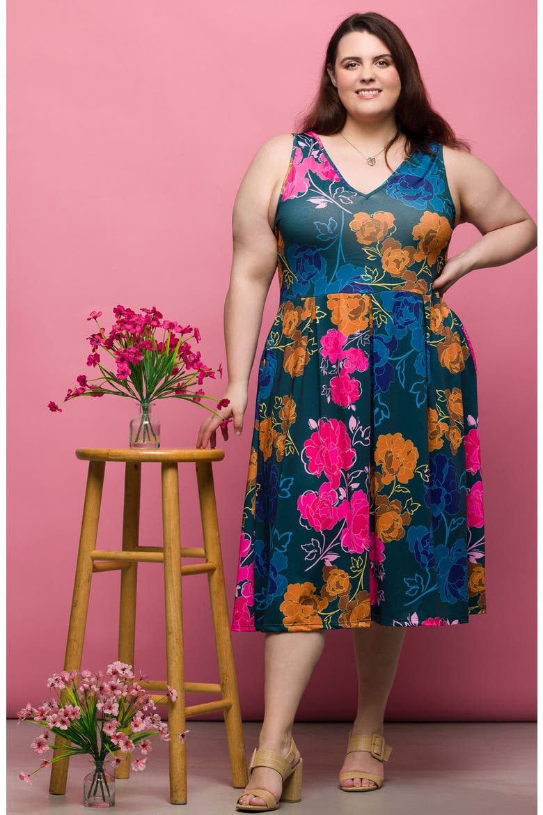 Vivid Floral V-Neck Fit & Flare Dress, Alternate, color, GREEN MULTI