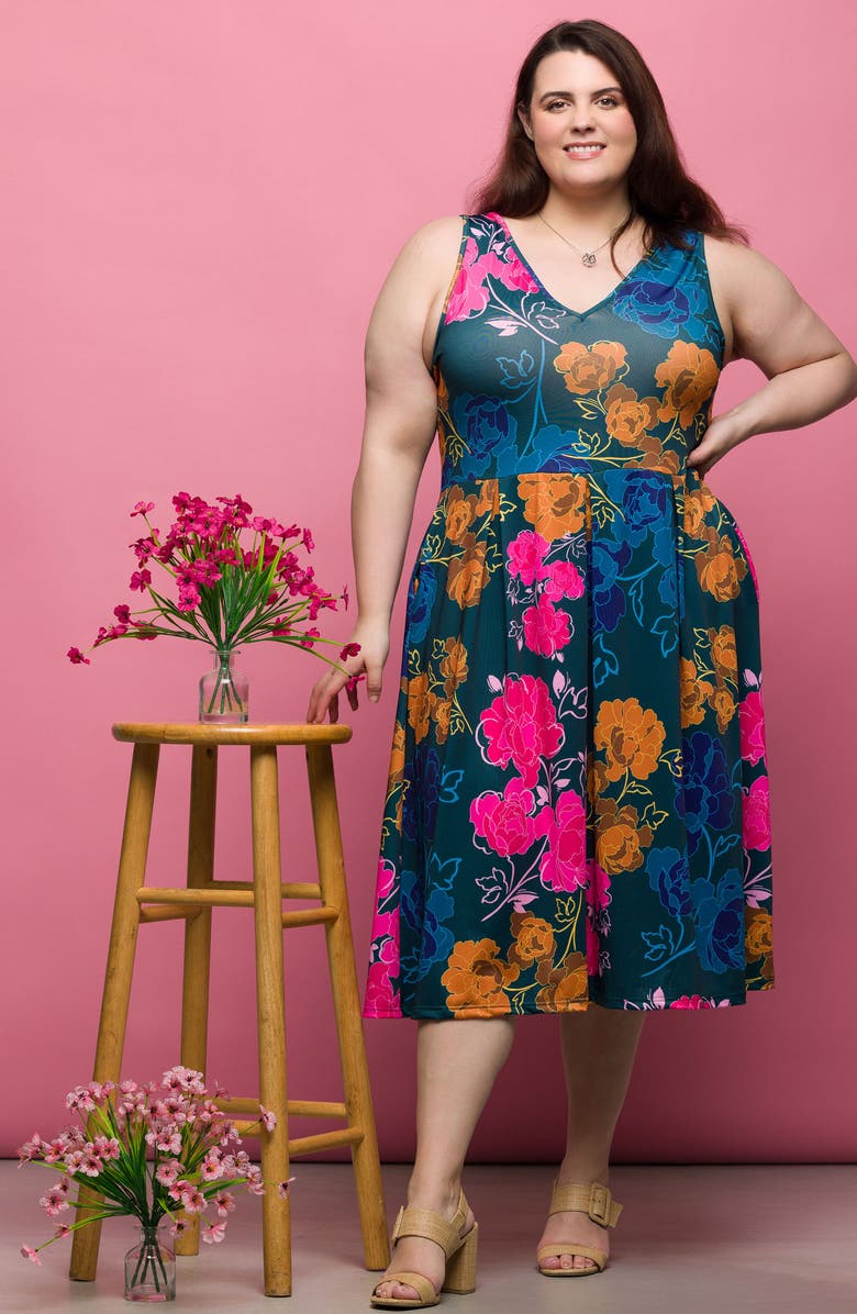 24seven Comfort Apparel Vivid Floral V-Neck Fit & Flare Dress, Alternate, color, Green Multi