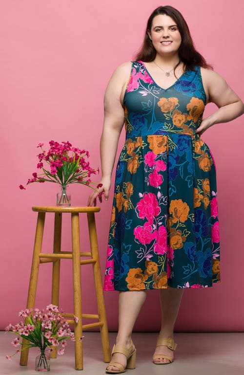 24seven Comfort Apparel Plus Size Midi Length Print Sleeveless Pleated Pocket Dress In Green Multi
