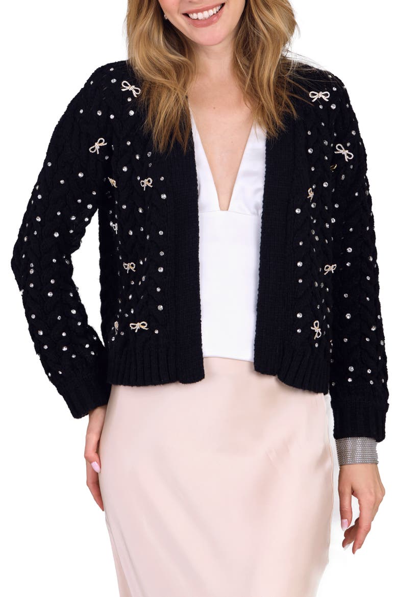 Embellished Cable Stitch Cardigan, Main, color, BLACK