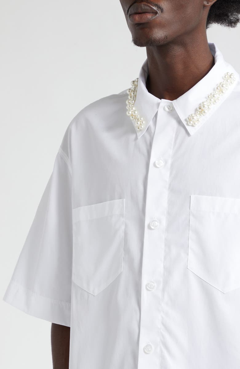 Simone Rocha Embellished Collar Boxy Short Sleeve Cotton Button-Up Shirt, Alternate, color,