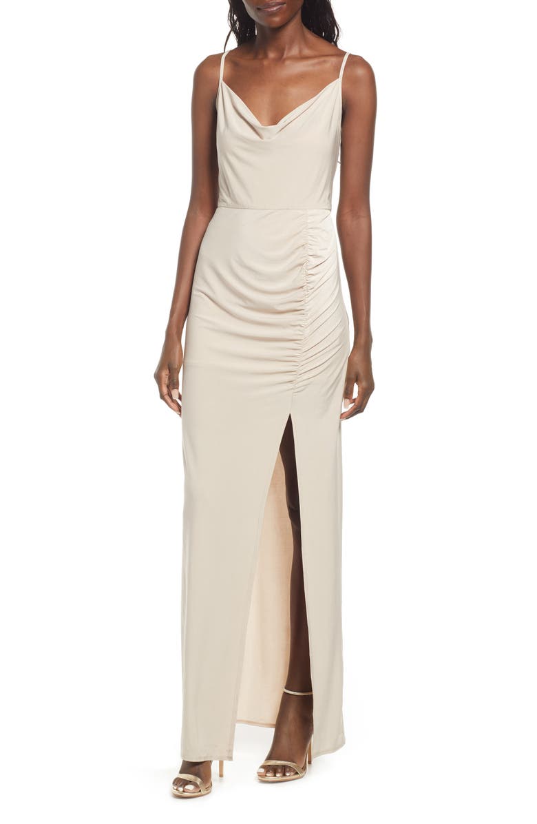 WAYF The Layla Ruched Cowl Neck Gown, Main, color, Champagne
