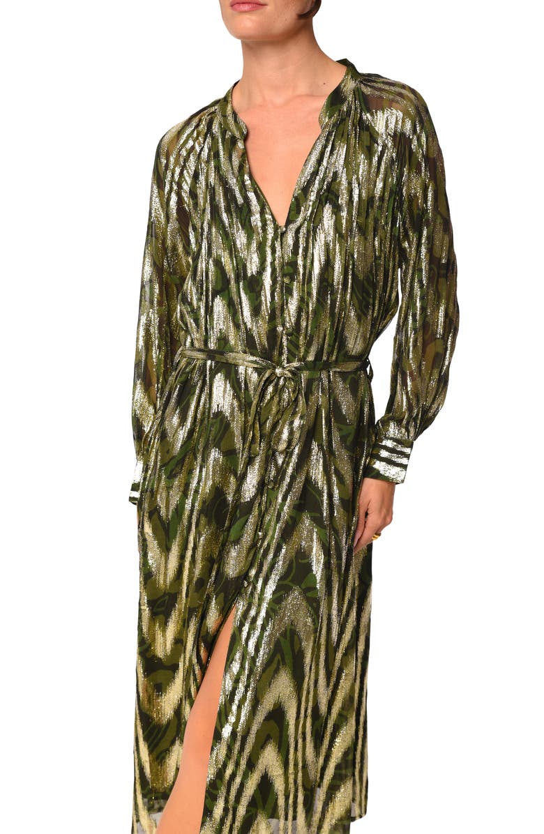 CIEBON Seneca Metallic Long Sleeve Midi Shirtdress, Alternate, color, Green