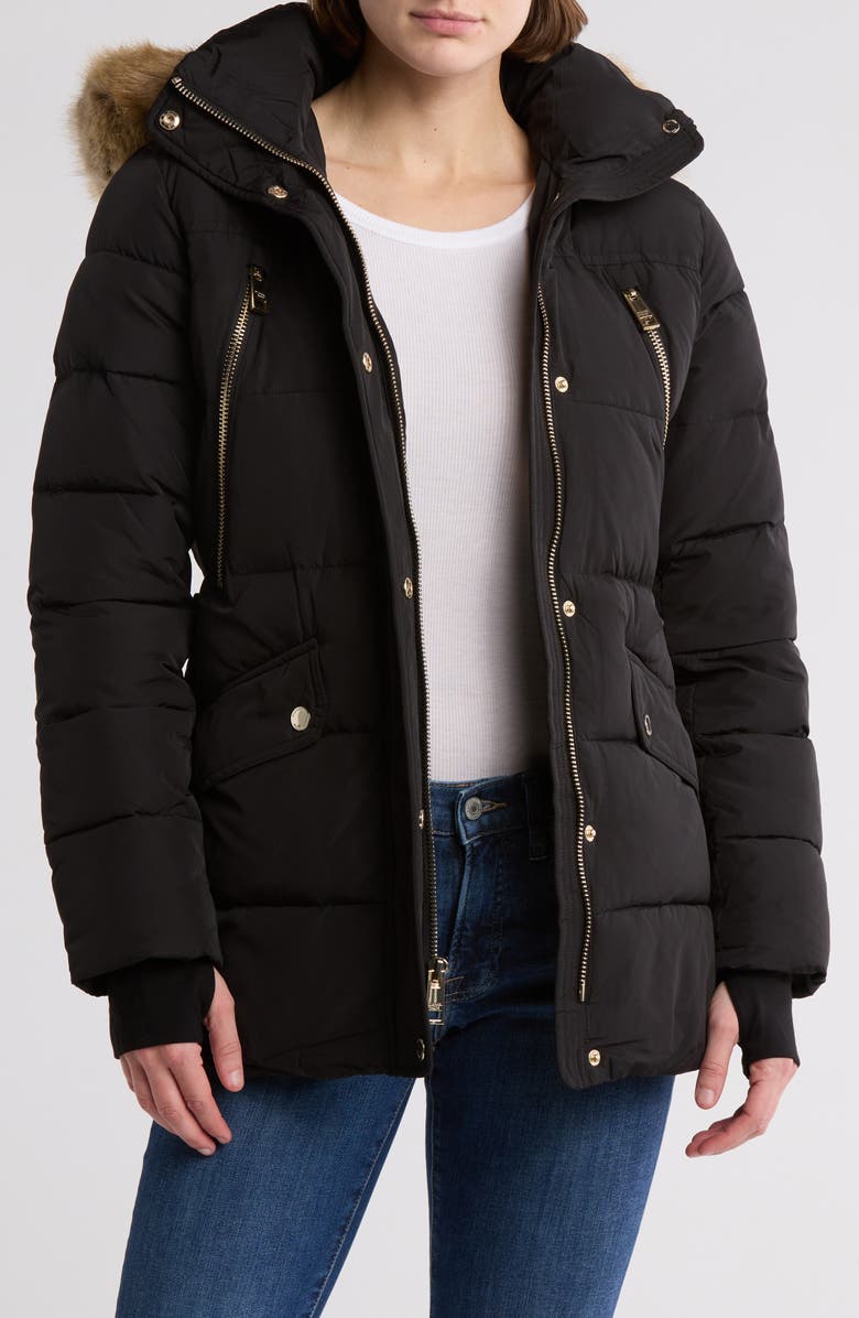 Michael Kors Faux Fur Trim Hooded Belted Puffer Jacket, Alternate, color,