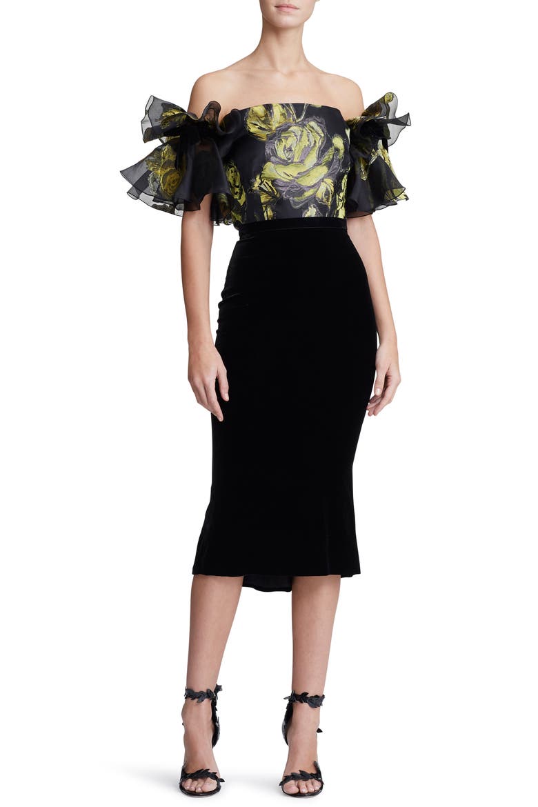 Ruffle Off the Shoulder Mixed Media Dress, Main, color, CITRINE