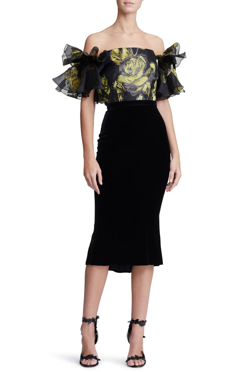 Marchesa Ruffle Off the Shoulder Mixed Media Dress, Main, color, 