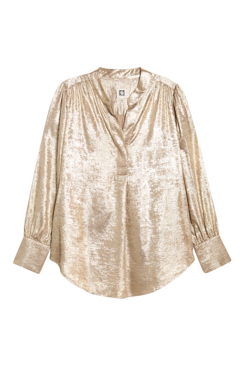 Pleated Front V-Neck Top, Alternate, color, LIGHT COFFEE/ GOLD