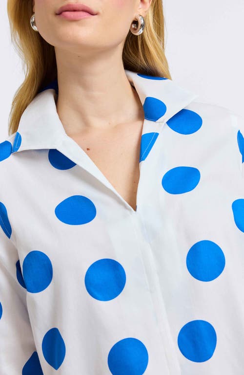 Foxcroft Agnes Dot Print Three-quarter Sleeve Cotton Popover Top In White/blue