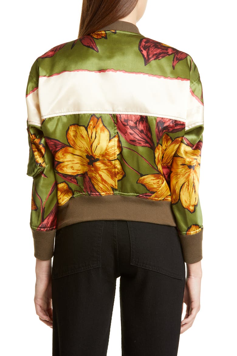 Floral Print Satin Bomber Jacket, Alternate, color, KHAKI